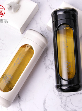 灵机生活馆双层玻璃杯便携透明保温杯防摔六字真言隔热加厚
