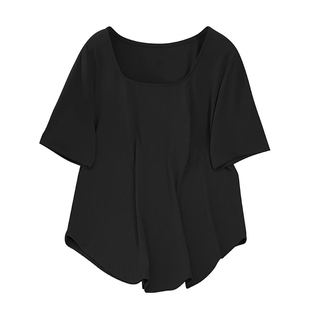 爆款大码胖mm正肩短袖t恤女夏季方领弧形下摆宽松遮肚子外穿上衣