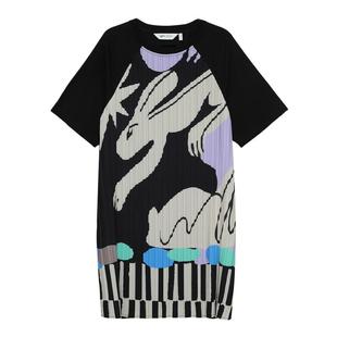 MOVEUP幻走2025夏季新款插肩袖褶皱印花裙子拼接雪纺连衣裙女短袖