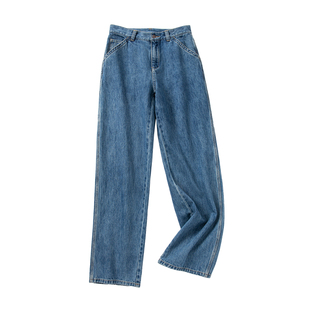 YANGLE_牛仔裤女2025冬季新款韩系复古工装设计宽松磨毛直筒长裤