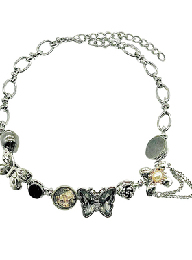 中式朋克蝴蝶纽扣钛钢项链