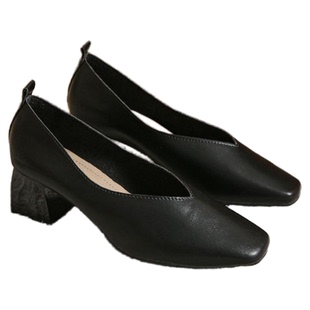 5CM真皮女鞋子中跟2026新款软皮浅口增高春夏复古通勤方头奶奶鞋