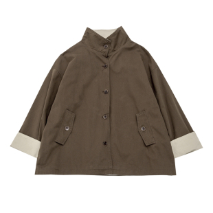 KNgs 春季复古风松立领喇叭袖工装中长款纯棉风衣外套女上衣