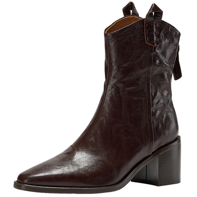 [苏苏同款]Rosa直筒堆堆长筒靴女2025冬新款皮复古棕色高筒骑士靴