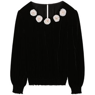 落落狷介港风穿搭2026年新款设计感小众泡泡袖小个子黑色丝绒衬衫