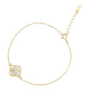 法式复古镶钻幸运草手链女纯银黄金色镂空蕾丝四叶草手环时尚学生