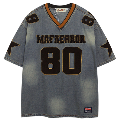 短袖美式水洗做旧牛仔棒球衣T恤