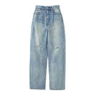 MOUSSY 春季新品美式复古风破洞宽松直筒牛仔裤010HSS11-0270