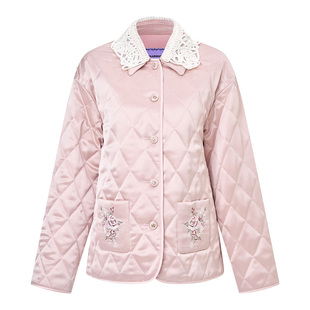 MAXRIENY新中式拜年服菱纹绗缝梭织缎面宽松直身外套冻糕粉色穿搭