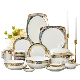 轻奢骨瓷餐具套装碗盘家用80头成套餐具10人以上酒店会所碗碟套装