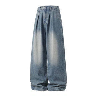 WASSUP美式复古弯刀阔腿牛仔裤男士2026新款高街宽松休闲高街长裤