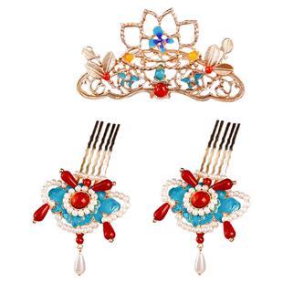 喜庆可爱蔚蓝发饰新年白色珍珠吊坠发钗发冠汉服古风头饰造型组合