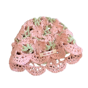 粉色钩针花朵镂空帽子女夏季薄款显脸小针织渔夫帽大头围毛线帽子