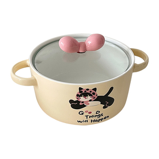 可爱泡面碗带盖双耳防烫家用拌饭学生宿舍个人专用碗陶瓷嗦粉大碗