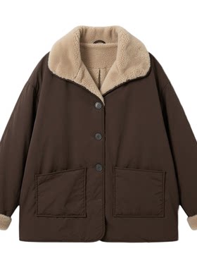 咖色韩系宽松慵懒风加绒棉服外套