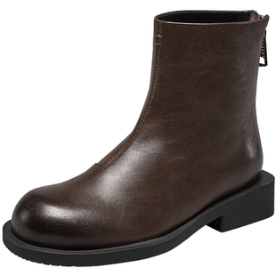 意尔康真皮通勤时装靴女平底圆头瘦瘦靴中筒靴粗跟皮靴2025冬季款