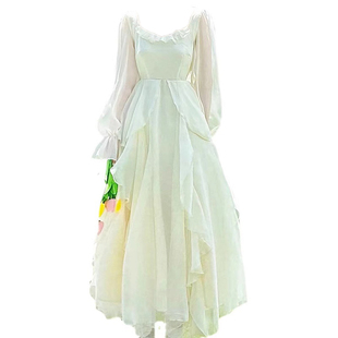 一罐杏仁桃法式白色连衣裙春夏长袖设计感小众仙气网纱长裙仙女裙