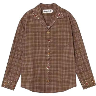 XU ZHI X LOOKNOW2025年冬季新金属宝石装饰格纹衬衫女