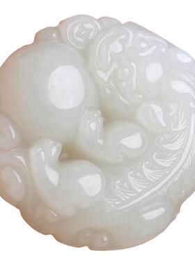 天然白玉貔貅吊坠新疆玉石抱球皮丘项链男女款有求必应玉坠玉佩情