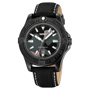 时刻美手表男士石英表时尚防水男表皮表带个性简约腕表夜光日历潮