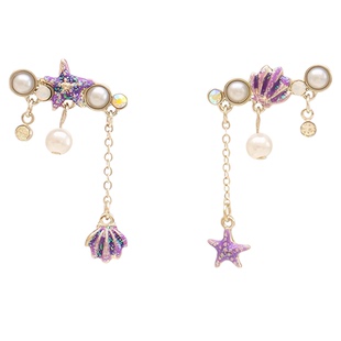 IPINK甜酷风海星贝壳耳钉超仙不对称海洋风耳坠耳环紫色ab版
