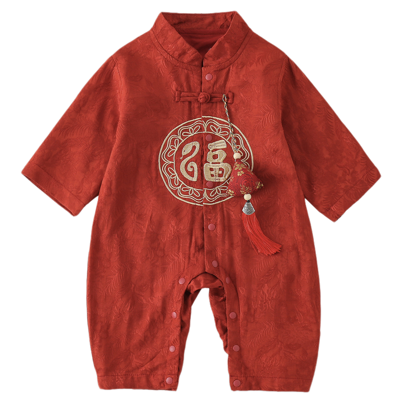 新中式婴儿衣服秋冬季百天周岁宝宝礼服喜庆红色连体衣唐装抓阄服