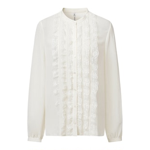 VGRASS维格娜丝春桑蚕丝立体肌理鬼绉真丝蕾丝镶拼精致千金感衬衫