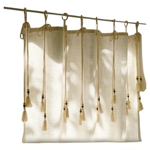 HEGALY 闲适慵懒亚麻门帘原木风简约米色系带款隔断窗帘半帘橱窗