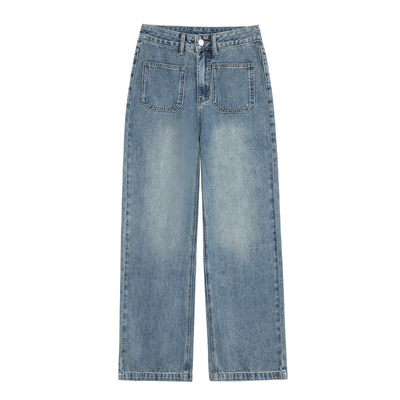 复古蓝高腰宽松直筒牛仔裤女