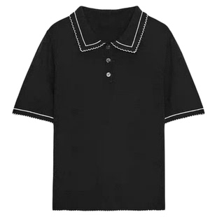 ZA外贸出口女新款撞色缉线修边钩花针织POLO衫领上衣5755136 800