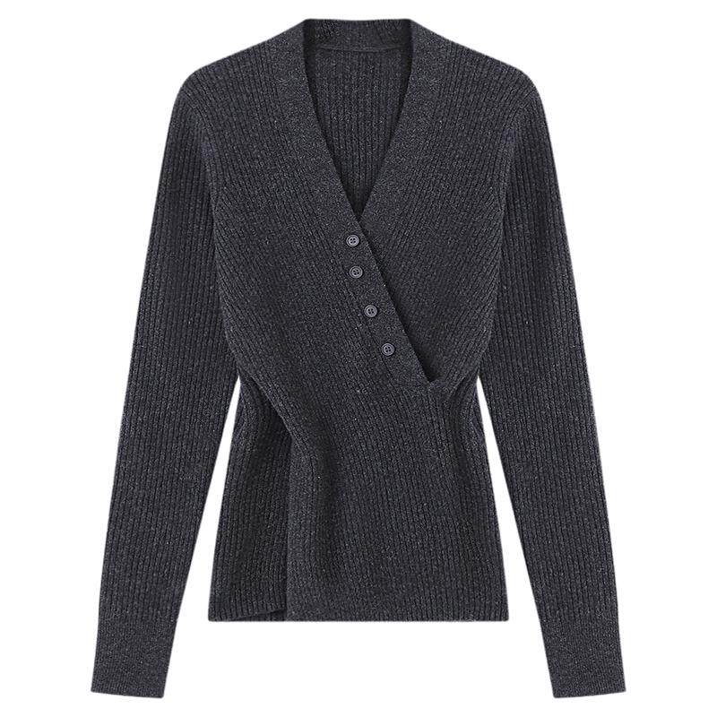 Basic House/百家好深灰色V领收腰简约羊毛衫女春季新款百搭上衣