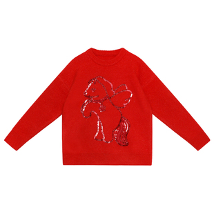 pocoblush【神马都好】珠片绣花新年红色毛衣女童上衣冬季糯米绒