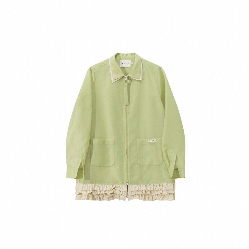 SERY欧根纱果绿色风衣薄外套/豆绿色花苞斗篷连衣裙设计感Suit