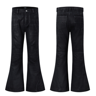 qtstudio小众刷蜡微喇牛仔裤男潮美式高街黑色vibe直筒喇叭裤子