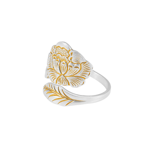 银千造 描金牡丹花戒指足银999实心开口手工银戒指女款指环国风戒