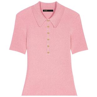 Maje春夏女装法式温柔风时尚休闲粉色polo翻领修身短款针织衫上衣