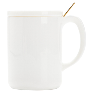 上下一白 400ML带盖勺陶瓷杯简约马克杯创意大容量纯色水杯男女