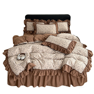 法式赫本风花边床盖款四件套双层纱碎花被套非全纯棉床单床裙床笠