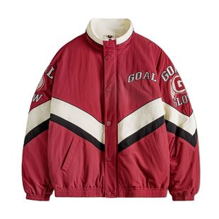 马登工装美式复古拼接撞色赛车夹克红色翻领加厚保暖棉服外套男冬