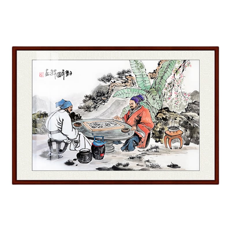 纯手绘复古国画高士对弈