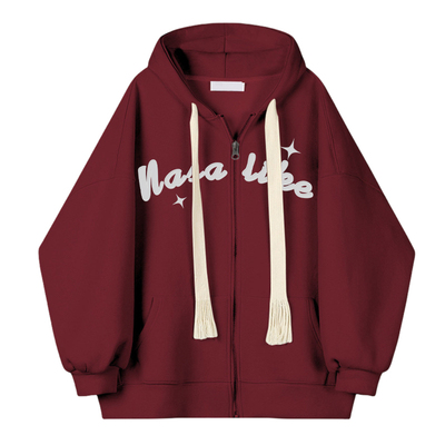 NASA联名秋冬加绒加厚重磅开衫拉链卫衣百搭外套男女酒红色情侣装