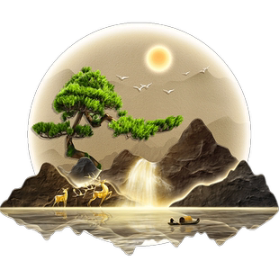 流水生财新中式玄关装饰画入户正对门迎客松山水带灯发光挂画壁画