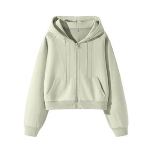 班尼路绿色外套女2025秋季新款连帽短款开衫小个子宽松休闲卫衣Q