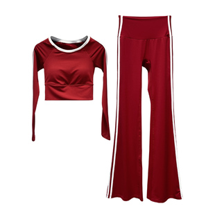 2025新款长袖瑜伽服套装女高级感运动健身训练安可拉红上衣喇叭裤