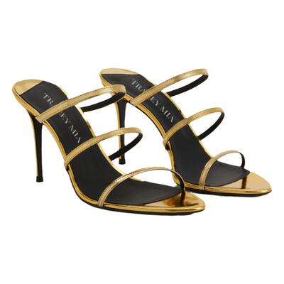 2026年夏新款高跟鞋女细跟露趾一字带黑色漆皮百搭半拖鞋女凉拖鞋