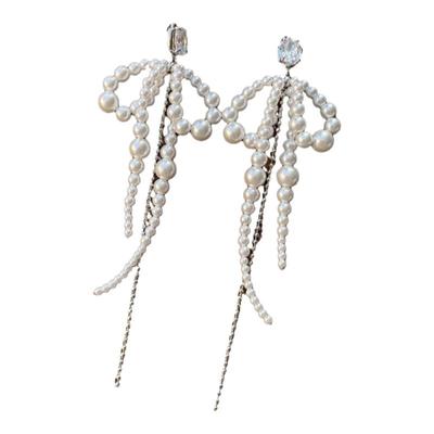 莫里里2024法式复古高级锆石耳钉珍珠串珠蝴蝶结链条精致珍珠耳饰