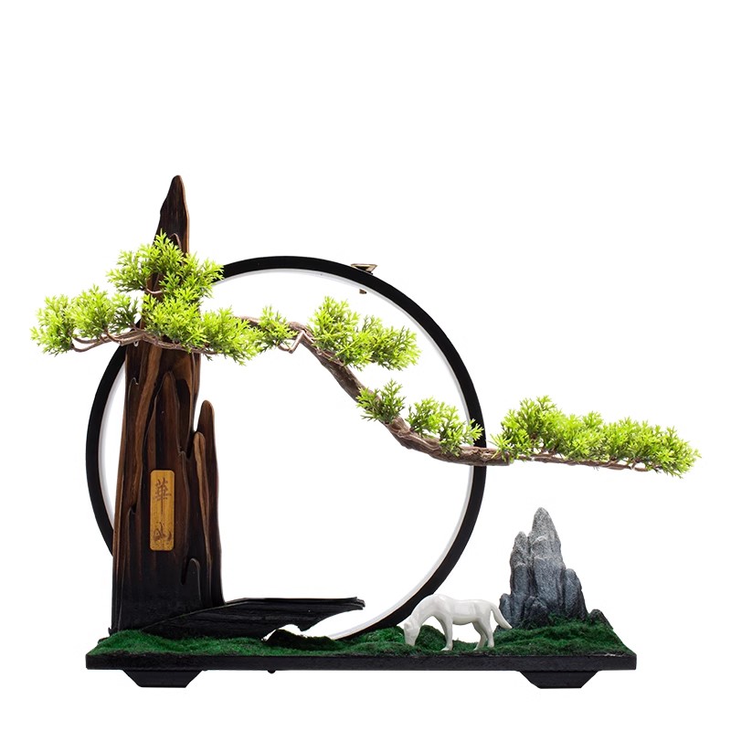 新中式禪意擺件底座風(fēng)化實(shí)木家居擺件客廳辦公室玄關(guān)書房鐵藝燈圈