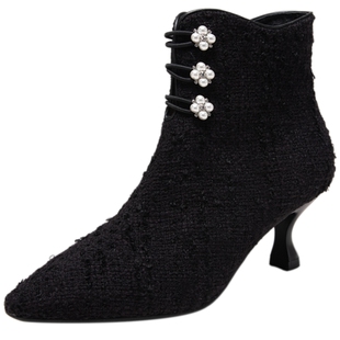 natursun法式短靴时装靴子冬冬季尖头显瘦真皮高跟靴气质细跟女鞋