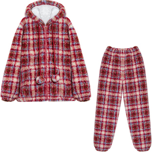 Bananagirl复古格子毛绒睡衣女冬季新款长袖宽松家居服套装小个子