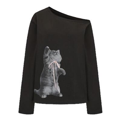 【Lisa刘雯同款】MARKGONG 2025秋季新款小猫印花长袖斜开肩T恤女